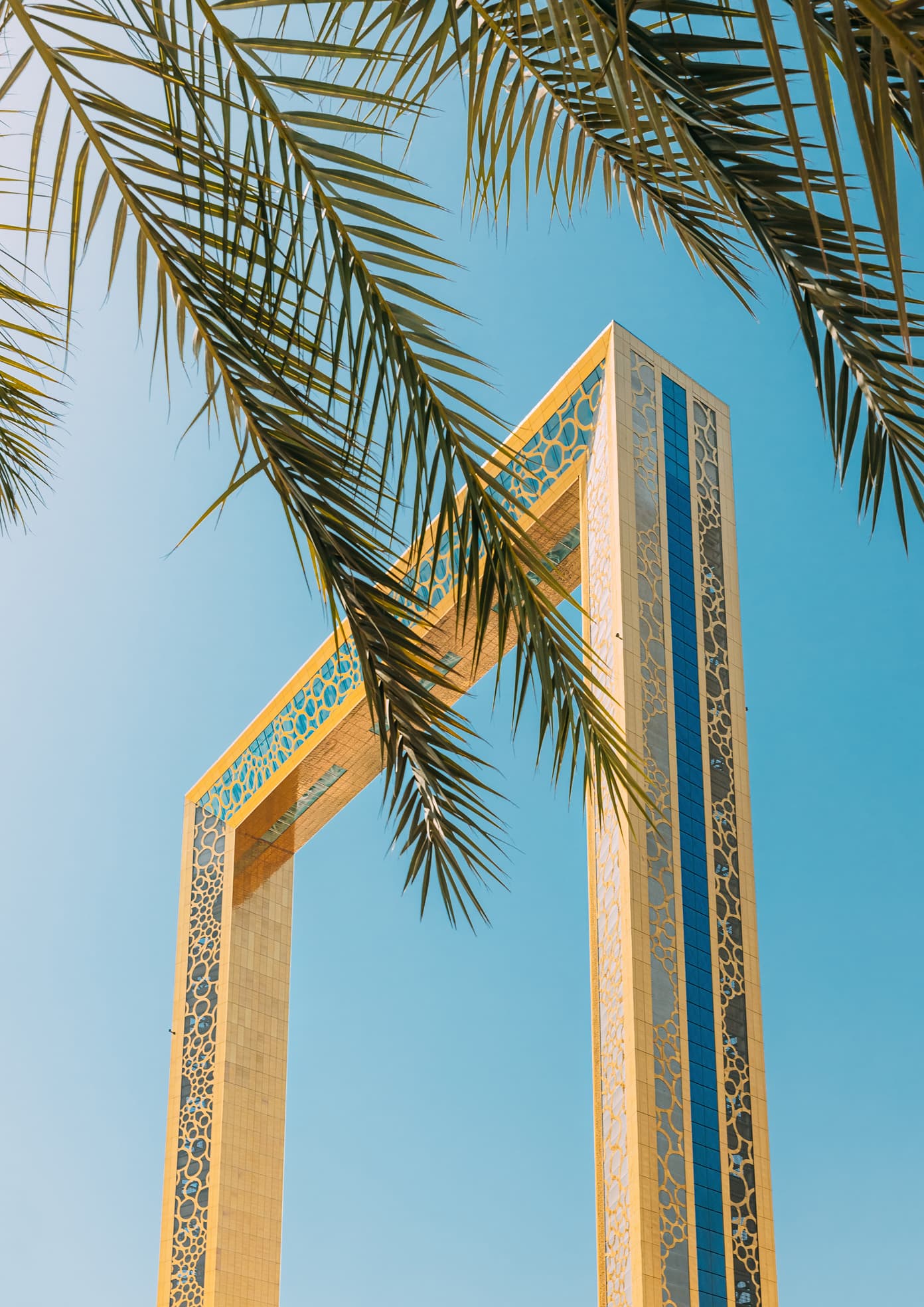 The Dubai Frame framed by palm fronds
